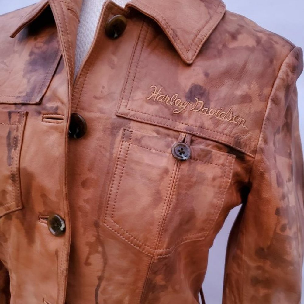 Harley Leather Motorcycle Jacket cowgirl brown tan black biker tiedyed 4 6 small